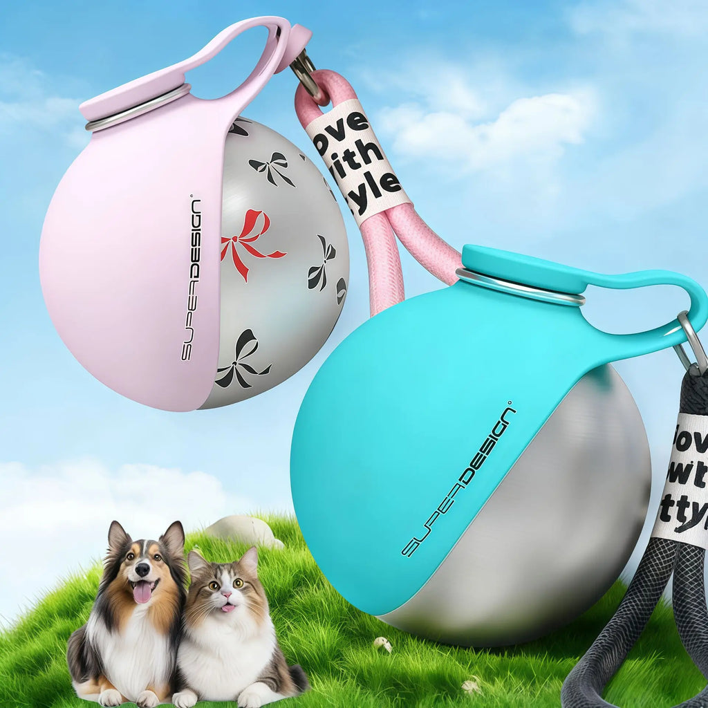 Garrafa Portátil para Pets 2 em 1 em Aço Inoxidável 304 – Bebedouro de Viagem para Cães e Gatos com Alça de Transporte