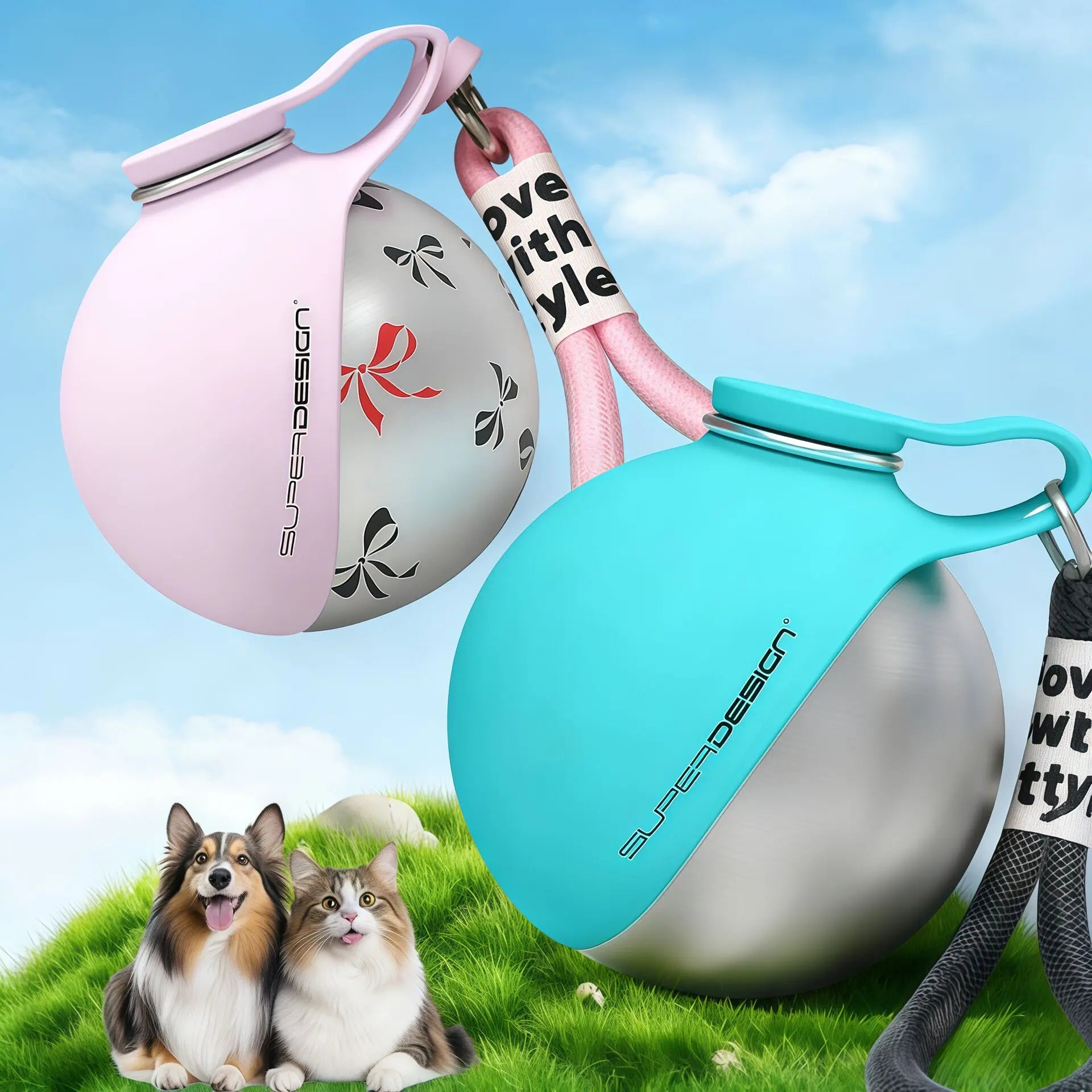 Garrafa Portátil para Pets 2 em 1 em Aço Inoxidável 304 – Bebedouro de Viagem para Cães e Gatos com Alça de Transporte